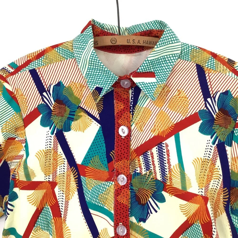 Short Shirt Dress Bold Tropical Print 3/4 Sleeves Button Front Tie Back XL Tiki - Picture 3 of 6